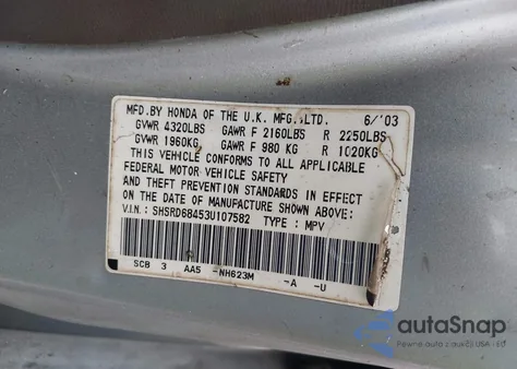 2003 Honda Cr-V Lx from USA, damaged, VIN SHSRD68453U107582